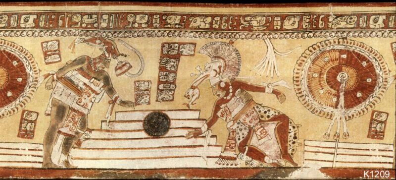 Ancient stylized image of ball game players.