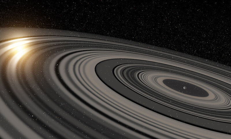 Image of a star obscured by the rings of a planet.