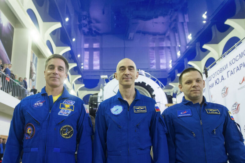 At the Gagarin Cosmonaut Training Center in Star City, Russia, Expedition 63 crewmembers Chris Cassidy of NASA (left) and Anatoly Ivanishin (center) and Ivan Vagner (right) of Roscosmos pose for pictures March 11.