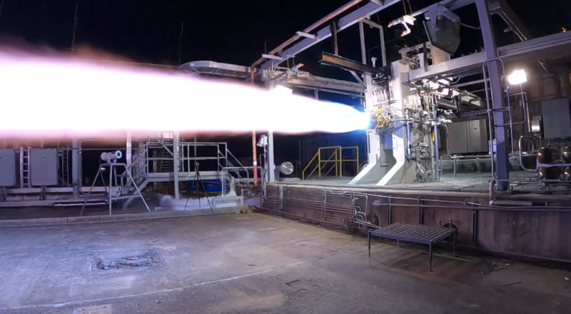 Relativity Space tests a component of its Aeon engine in December at the E-2 test stand at Stennis Space Center in Mississippi.