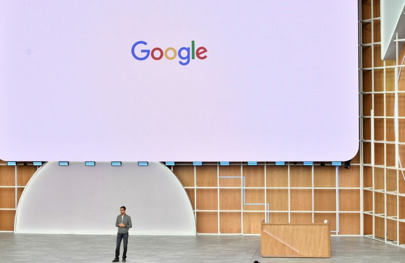 Google (and now also Alphabet) CEO Sundar Pichai speaking at the last year's Google I/O conference, May 7, 2019.