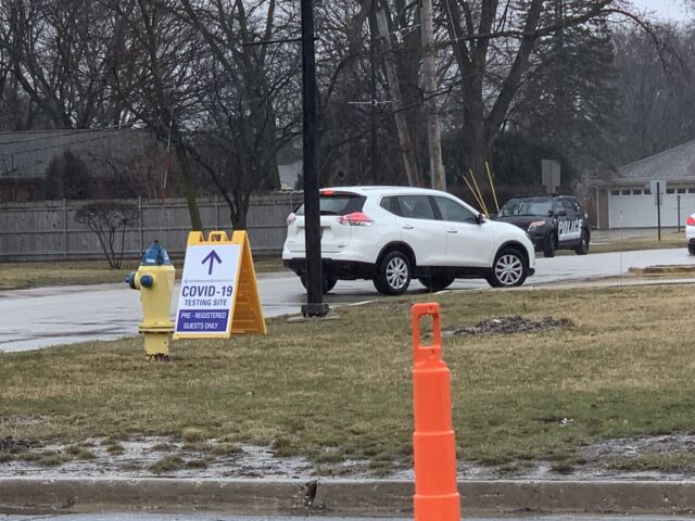 A drive-through COVID-19 testing site at Advocate Lutheran General Hospital in Park Ridge, IL.