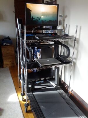 Behold, my walking desk with wire shelves.