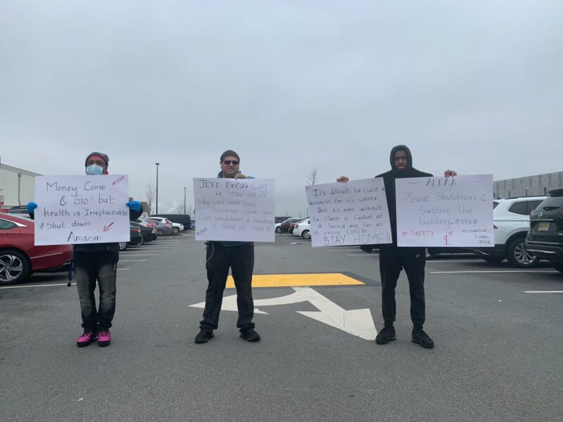 Workers protest outside a massive Amazon fulfillment center on Staten Island on Monday, March 30.
