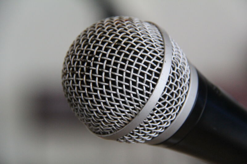 Extreme closeup photograph of a professional microphone.