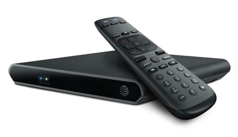 An AT&T streaming box for TVs and a TV remote control.