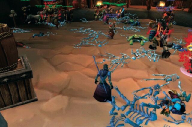 Players gathered in an in-game urban center during the epidemic. Infected individuals walk among the uninfected, the recently dead, and the skeletons of those who died earlier.