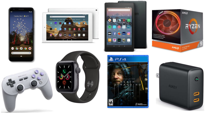 A collage of electronic devices, software, and other consumer products.