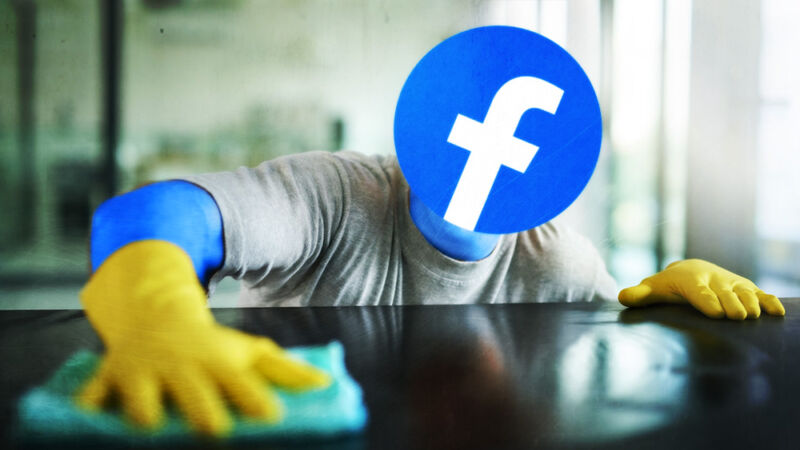 Photoshopped image of a housekeeper with a Facebook logo for a face.