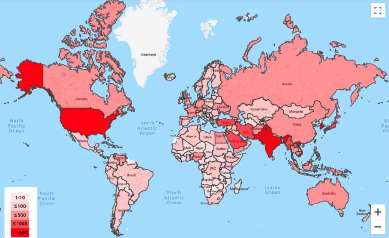 Color-coded Mercator projection of the world.