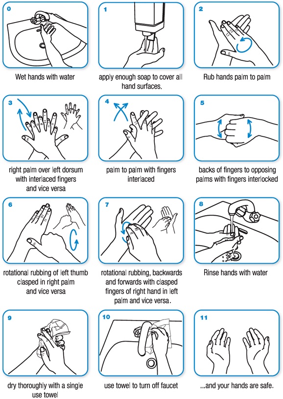 The WHO-recommended method for hand washing.