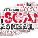 A collage of negative words including scam, deceit, and blackmail.