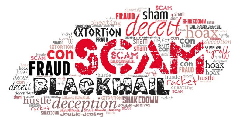 A collage of negative words including scam, deceit, and blackmail.