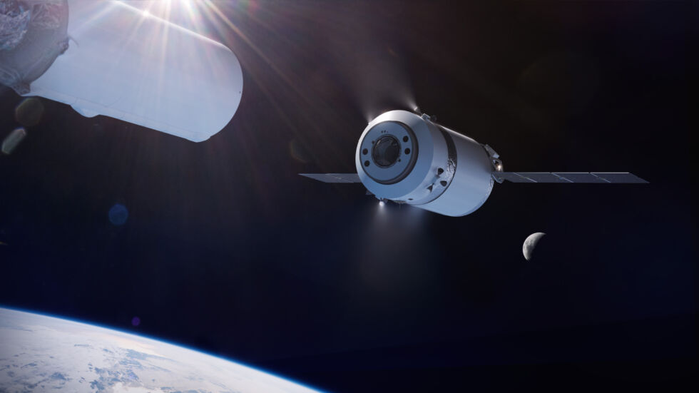 Illustration of the SpaceX Dragon XL as it is deployed from the Falcon Heavy's second stage in high Earth orbit on its way to the Gateway in lunar orbit.