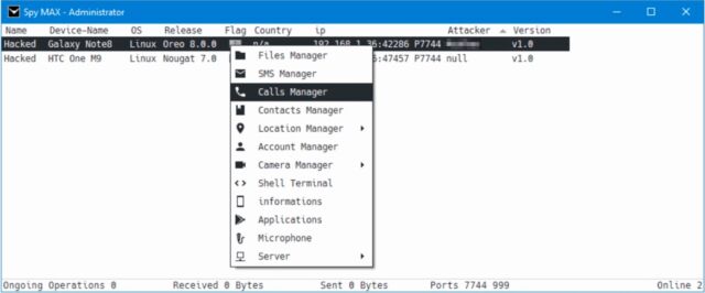 A screenshot showing the SpyMax administrative console. It allows attackers to access a variety of resources on infected devices.