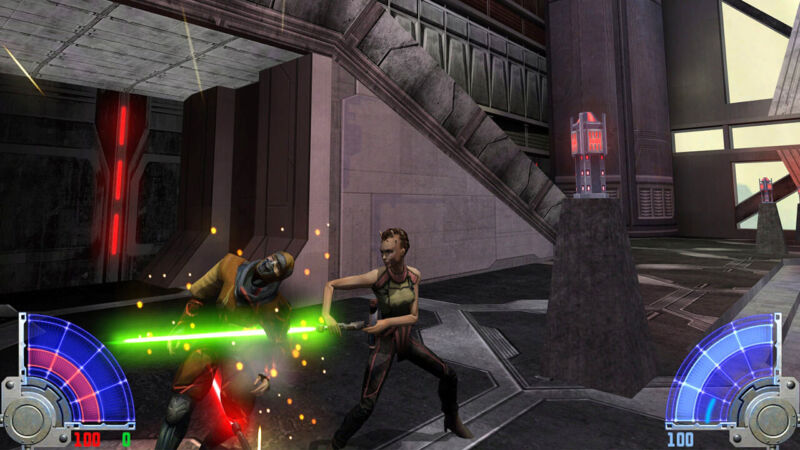 One video game character kills another with a lightsaber.