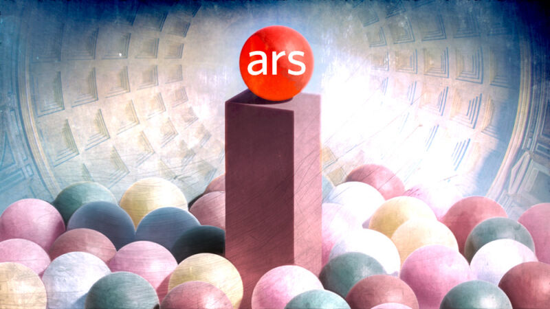 The Ars Technica logo sits on a pedestal above other blank logos.