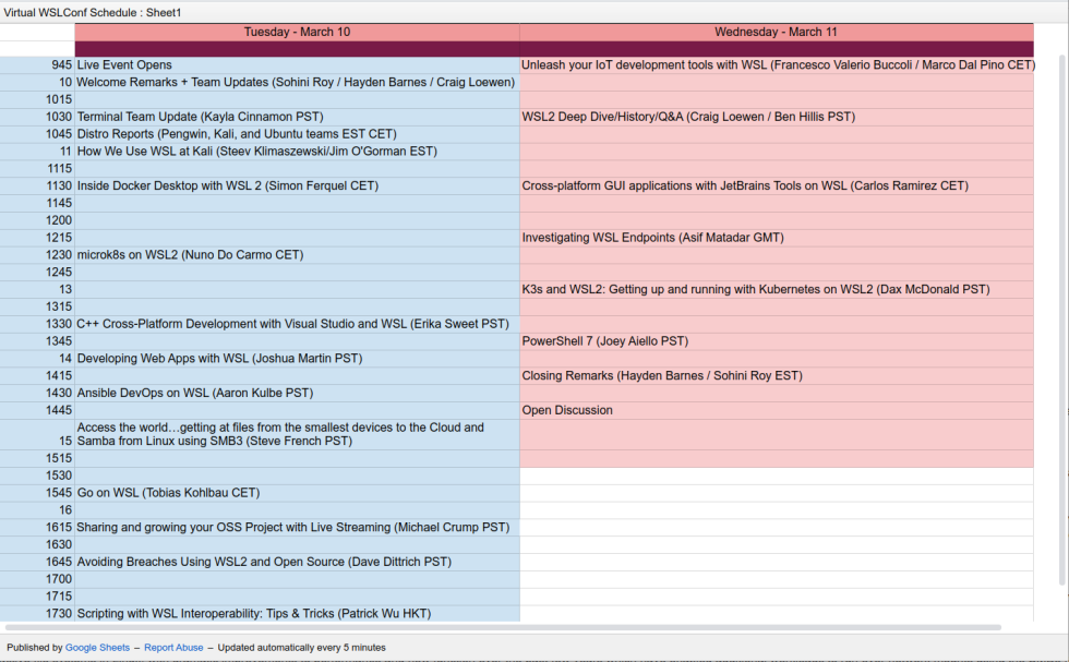 Aside from the talks themselves, it's a little shocking that an event hosted by Microsoft published a schedule using Google Sheets.