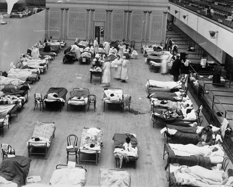 The Oakland Municipal Auditorium in use as a temporary hospital during the 1918 flu pandemic.