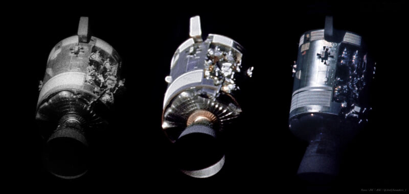 Vergelijking van de beschadigde dienstmodule van Apollo 13. Links, het bekende beeld. In het midden: een stapel van acht frames van 16mm-film. Rechts een hoge-resolutiescan van de originele transparantie. 