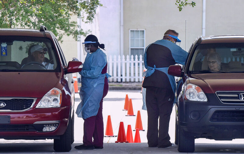 A drive-through COVID-19 testing site operated by Omni Healthcare in Melbourne, Fla. on April 8.