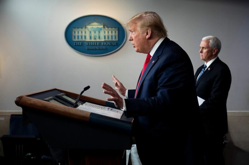 US President Donald Trump (L), flanked by US Vice President Mike Pence, speaks during the daily briefing on the novel coronavirus, which causes COVID-19, in the Brady Briefing Room at the White House on April 9, 2020, in Washington, DC.