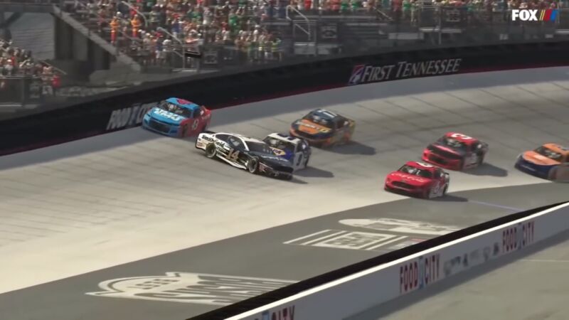 When Bubba Wallace (top left, #43 car) got into a wreck with Clint Boyer (middle, #14 car) during an <em>iRacing</em> event on Sunday night, he rage-quit after respawning in the pit lane.