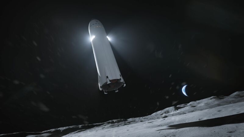 Sur cette illustration, on voit le véhicule Starship de SpaceX se poser sur la Lune.