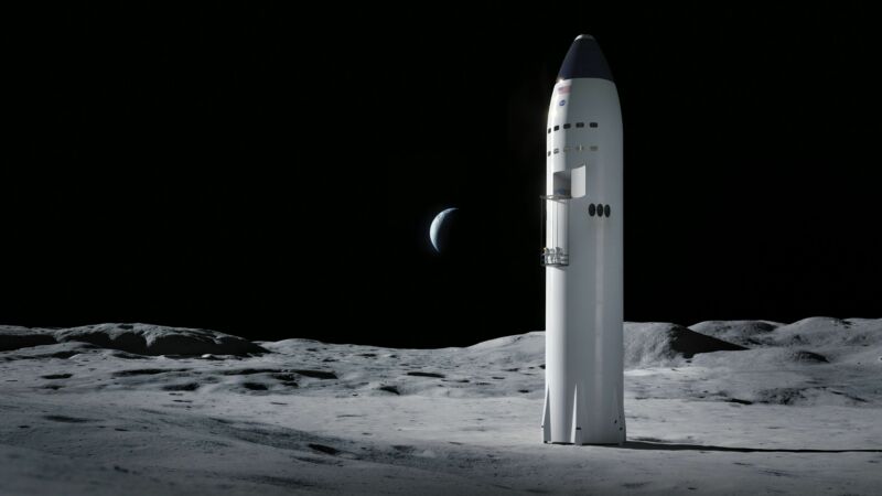Render pendarat Starship SpaceX di permukaan Bulan.