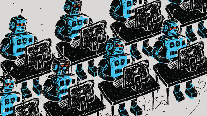 Rows of 1950s-style robots operate computer workstations.