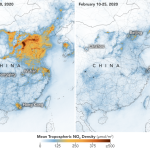 Map of China with before and after satellite pollution measurements.