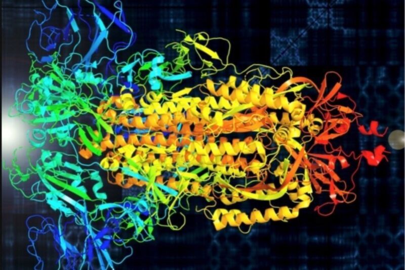 A visualization of the vibrational properties of the spike protein of the novel coronavirus (SARS-Cov-2). Primary colors represent the spike’s three protein chains.