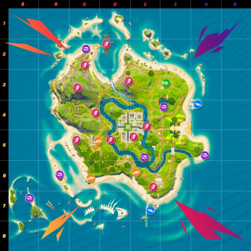 De Papaya-kaart voor <em>Fortnite</em>‘s "Party Royale" mode contains clear icons for racing, gliding and a football match.”/><figcaption class=