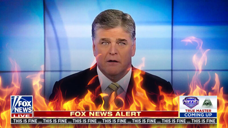 A photoshopped screenshot from Fox News shows Sean Hannity on fire.