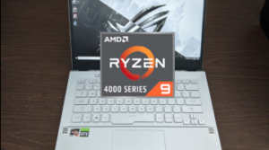 Photograph of laptop with logo superimposed.