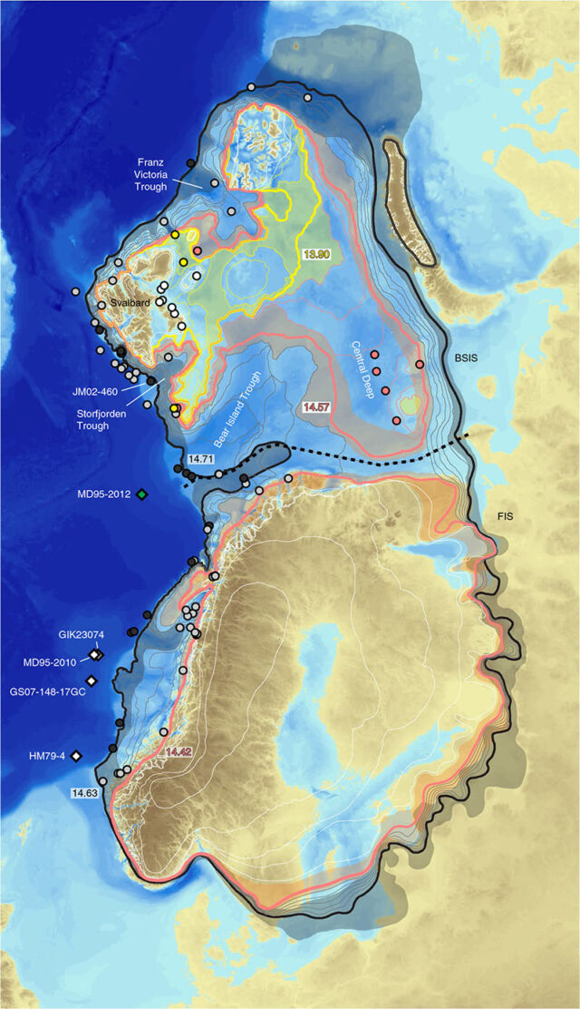 Previous extent of ice sheet with ages labeled in thousands of years.