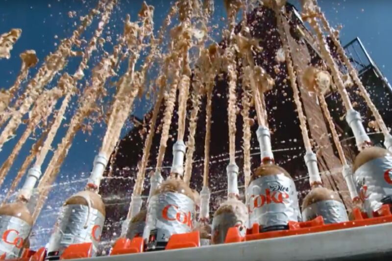 A well-coordinated explosion of Mentos-and-Diet-Coke filmed in slow motion for The Slow Down Show in 2013.