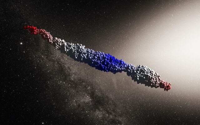 An 'Oumuamua-like object produced by a simulation of the tidal disruption scenario proposed by Zhang and Lin.