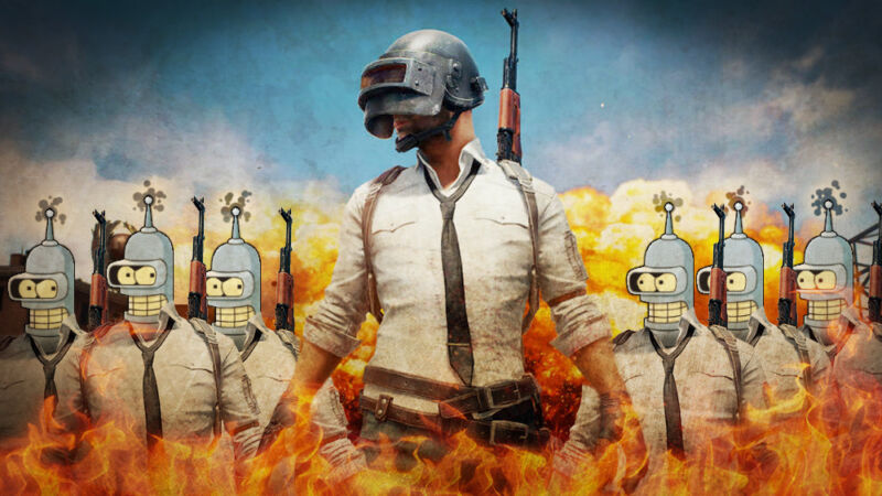 Promotional image from video game Playerunknown's Battlegrounds combined with multiple cartoon robots.