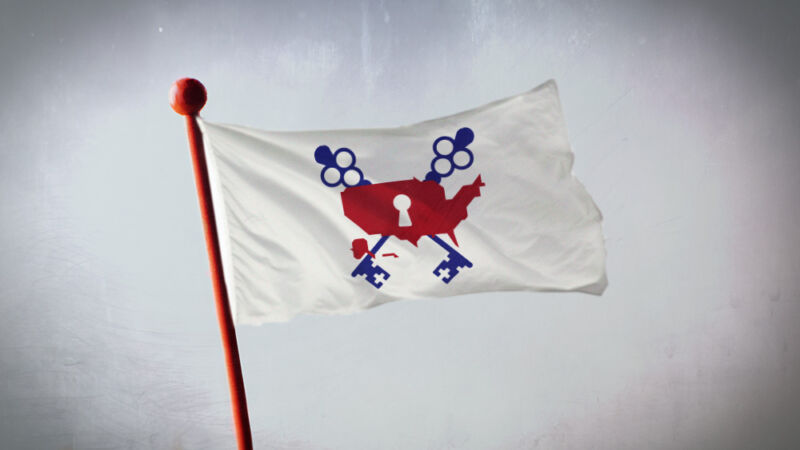 A flag with an illustration of a United States map under lock and key.