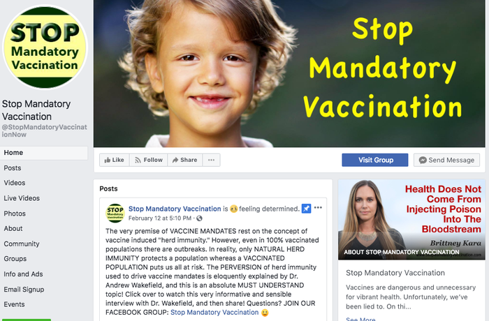 A screenshot from the now-private Stop Mandatory Vaccination Facebook group.