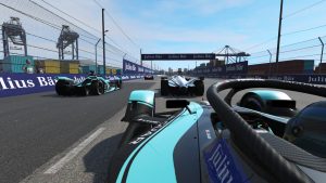 A screen grab of a Formula E esports race, from the perspective of a Jaguar Racing car.