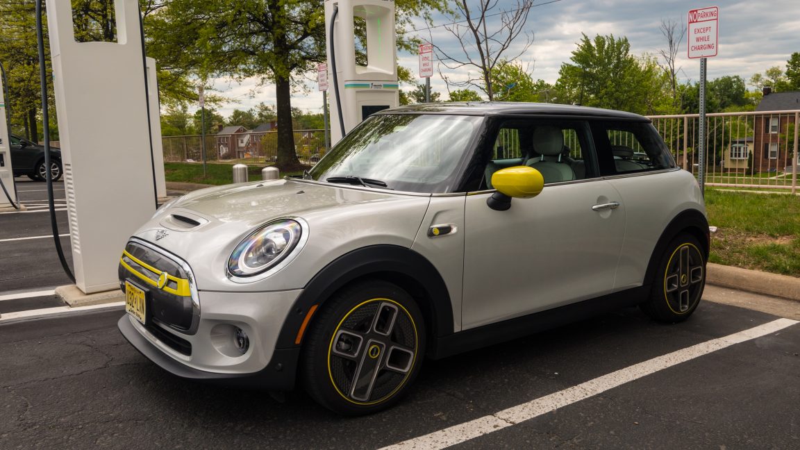 An electric Mini Cooper at a fast charger