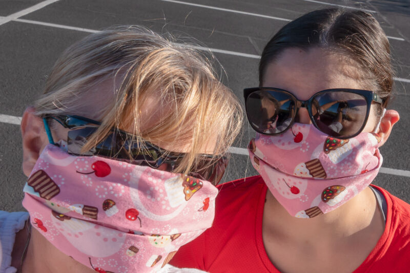 Two women in matching face masks.