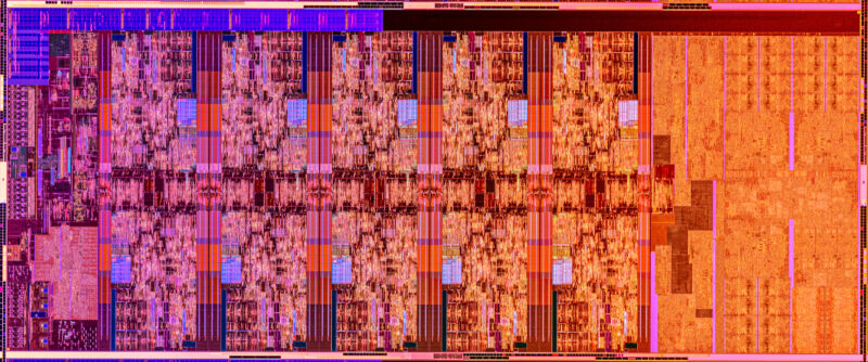 What if Comet Lake, but longer? This wafer litho image gives us a bird's eye view of the layout of one of the Comet Lake S-series CPUs, featuring two more cores than prior generations.