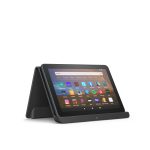 This Fire HD 8 Plus is resting in the optional made-for-Amazon wireless charging dock.