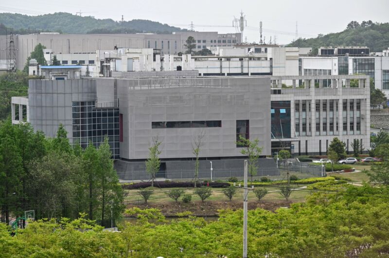 A multistory, somewhat Brutalist office building.