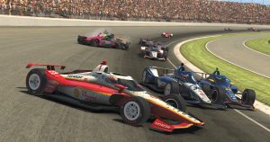 Cars spin in an IndyCar iRacing race