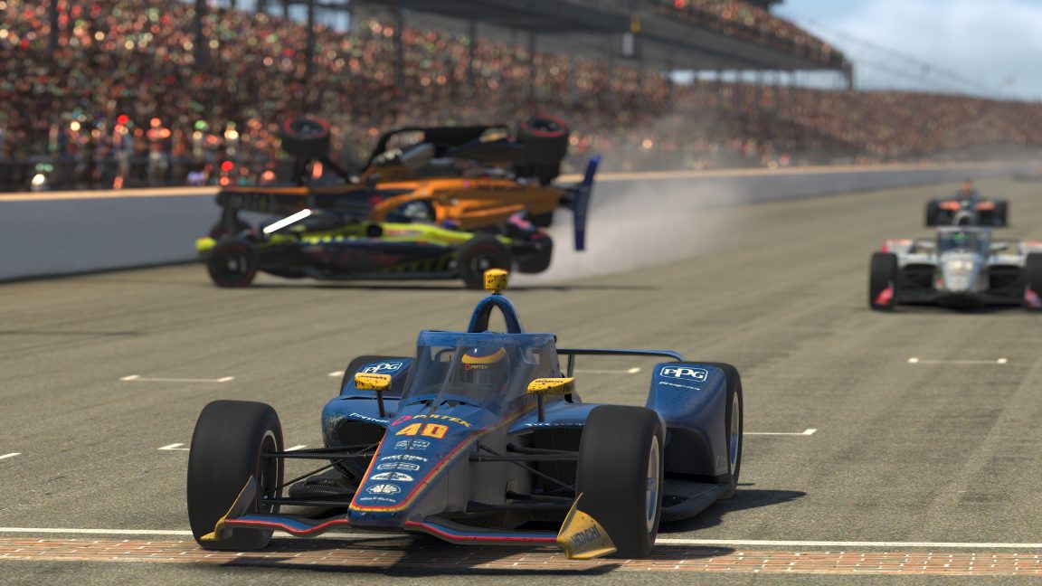 A screenshot of an IndyCar iRacing race with cars spinning in the background