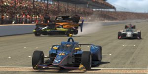 A screenshot of an IndyCar iRacing race with cars spinning in the background